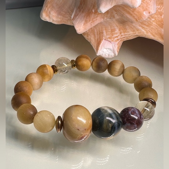 YELLOW TIGERS EYE + PIETERSITE + GOLD RUTILATED NATURAL STONES BRACELET size 7” - Picture 3 of 10